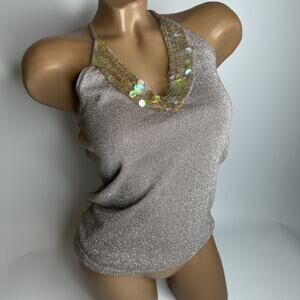 CKM Y2K Metallic Sequin Halter Top M Tie Neck Glitter Sparkle McBling Glam
